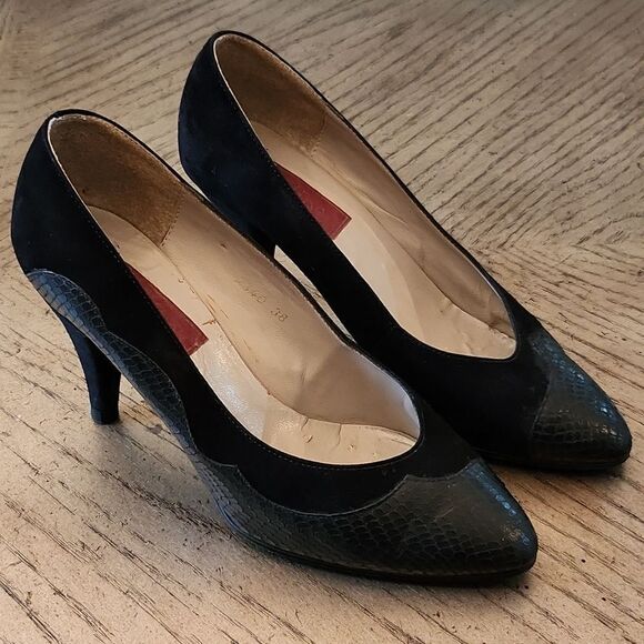 Leather snake skin suede vintage pumps size 38 made in France - Picture 1 of 9
